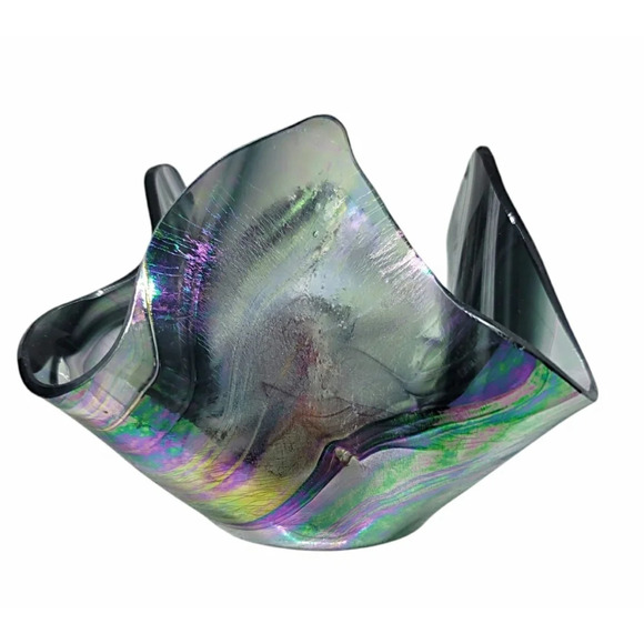 Vintage Artist Signed iridescent Handmade Glass Handkerchief Swirl Bowl - Picture 4 of 8